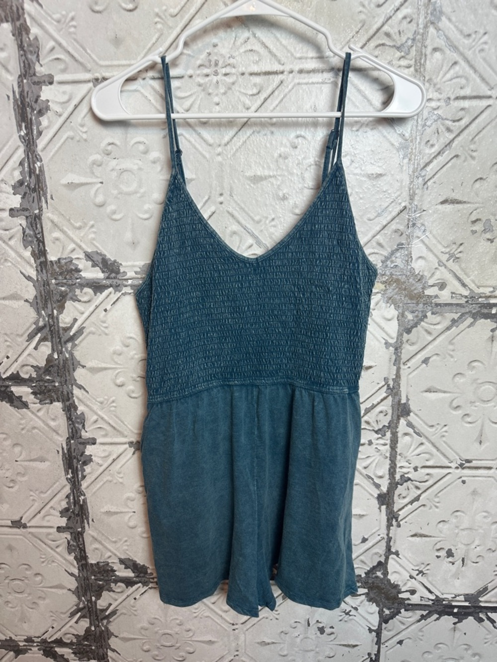 wild fable teal acid wash smocked bodice romper